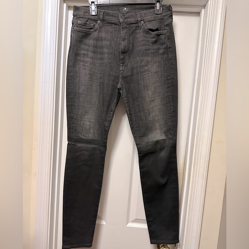 Black denim and coated ash wash denim jeans by 7 for All Mankind.
